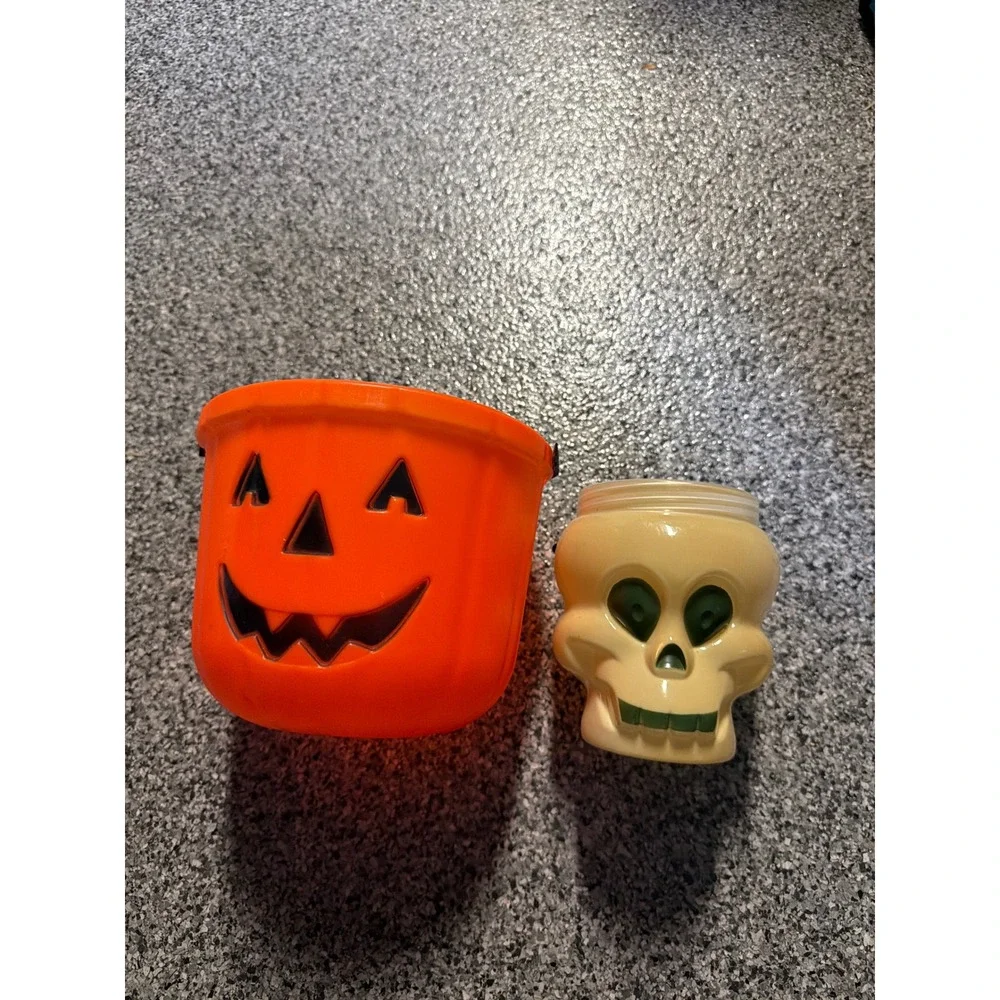 Vintage Halloween Pumpkin Blow Mold Bucket and Skull Candy Container Set